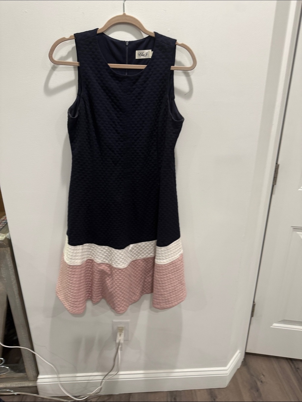 Eliza J Navy, White and Pink Sleeveless Fit-and-Flare Dress